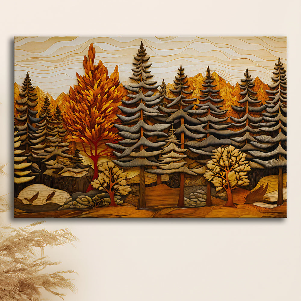 Cabin, Layered Wood Panel Effect Fir Tree Forest Painting, Canvas Print Wall Art, Wall Decor, Painting Canvas