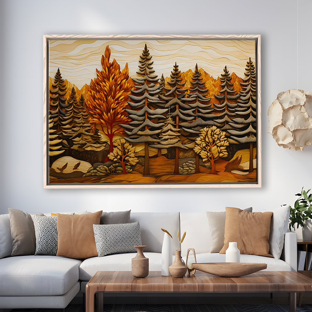 Cabin, Layered Wood Panel Effect Fir Tree Forest Painting, Framed Canvas Print Wall Art, Floating Frame