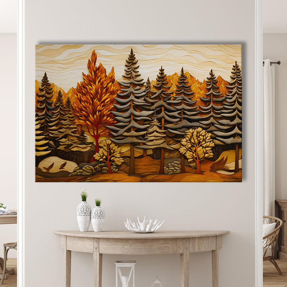 Cabin, Layered Wood Panel Effect Fir Tree Forest Painting, Canvas Print Wall Art, Wall Decor, Painting Canvas