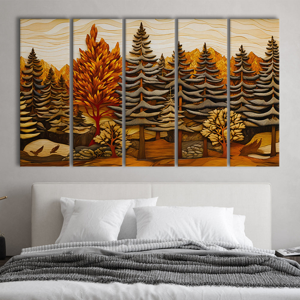 Cabin, Layered Wood Panel Effect Fir Tree Forest Painting, 5 Panel B Canvas Print Wall Art, Extra Large Canvas