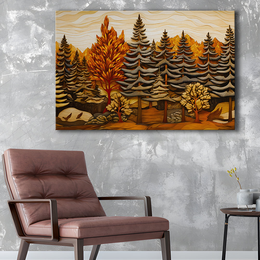 Cabin, Layered Wood Panel Effect Fir Tree Forest Painting, Canvas Print Wall Art, Wall Decor, Painting Canvas