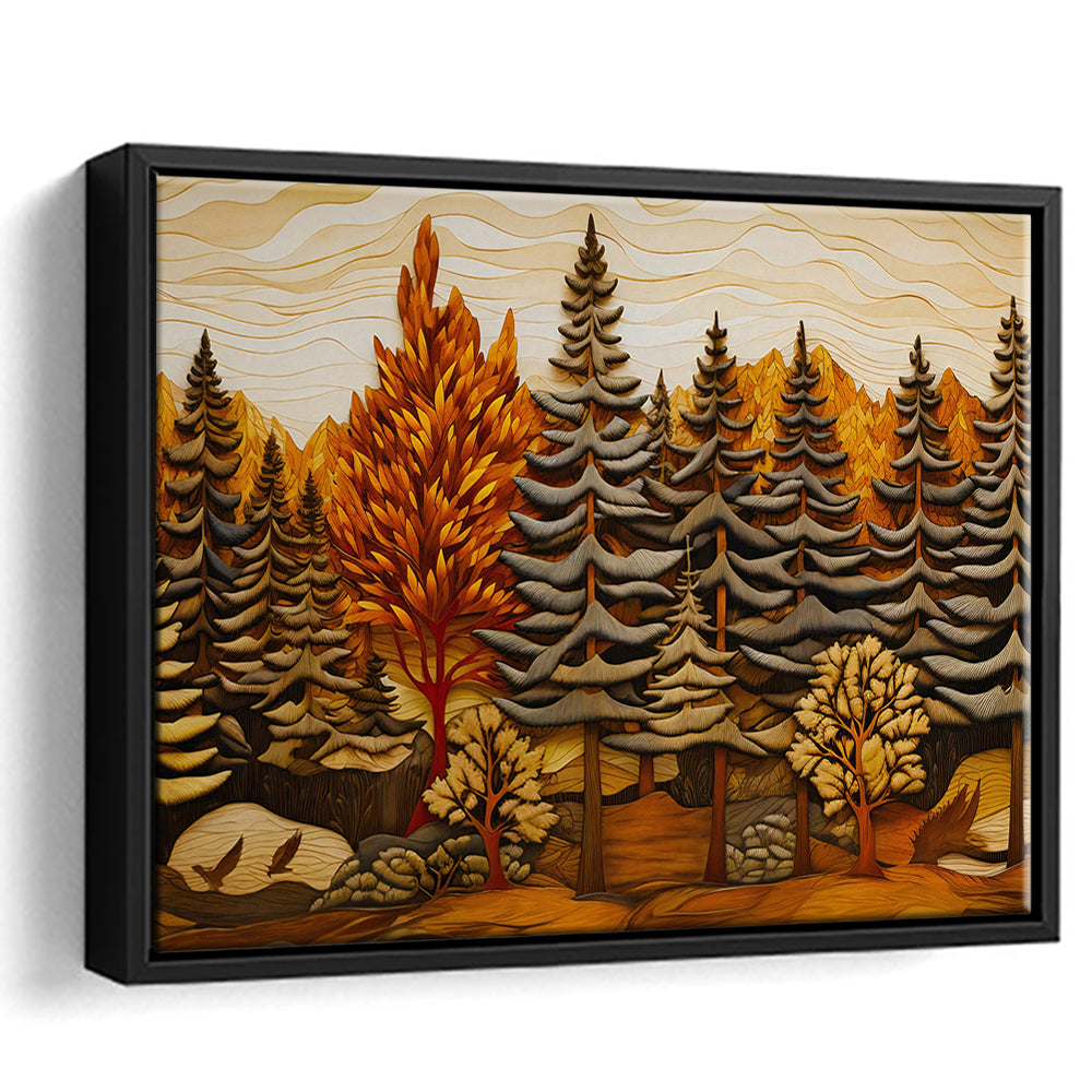 Cabin, Layered Wood Panel Effect Fir Tree Forest Painting, Framed Canvas Print Wall Art, Floating Frame