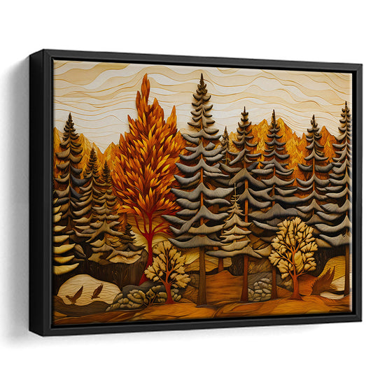 Cabin, Layered Wood Panel Effect Fir Tree Forest Painting, Framed Canvas Print Wall Art, Floating Frame