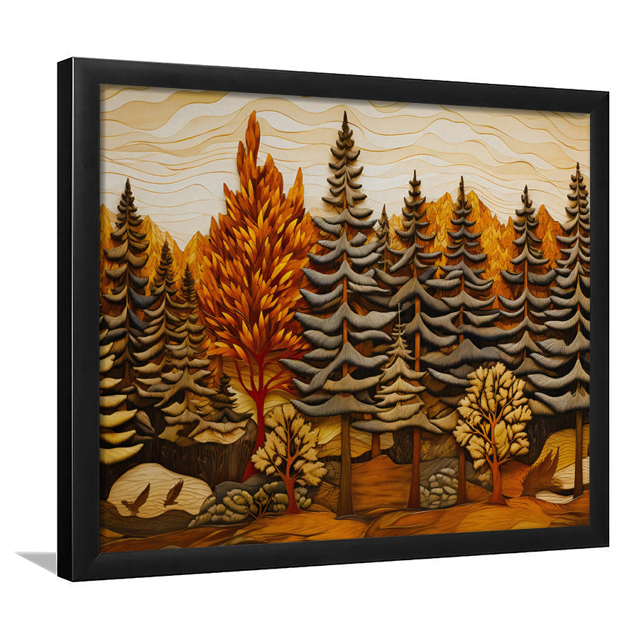 Cabin, Layered Wood Panel Effect Fir Tree Forest Painting, Framed Art Print Wall Decor, Picture Framed