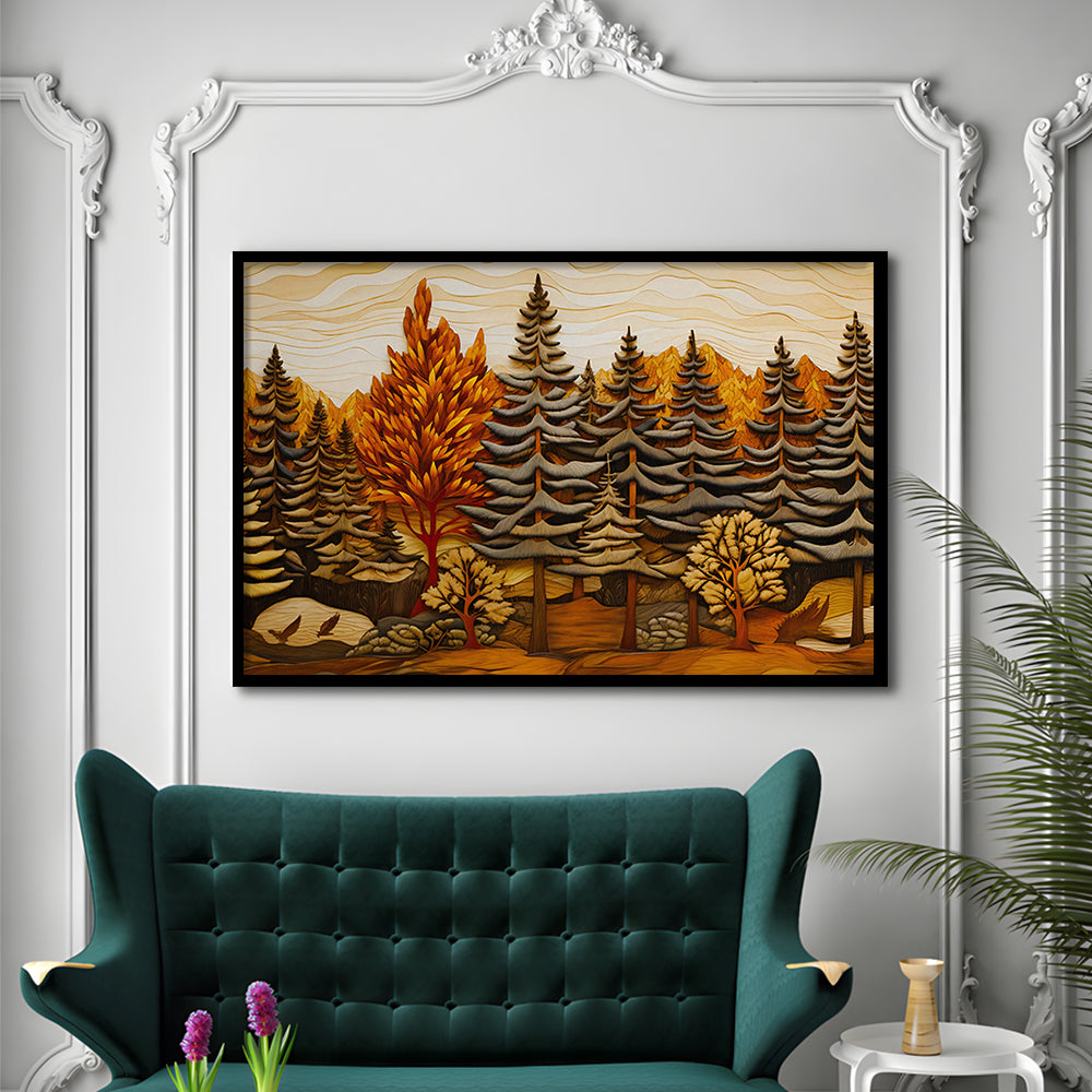 Cabin, Layered Wood Panel Effect Fir Tree Forest Painting, Framed Art Print Wall Decor, Picture Framed