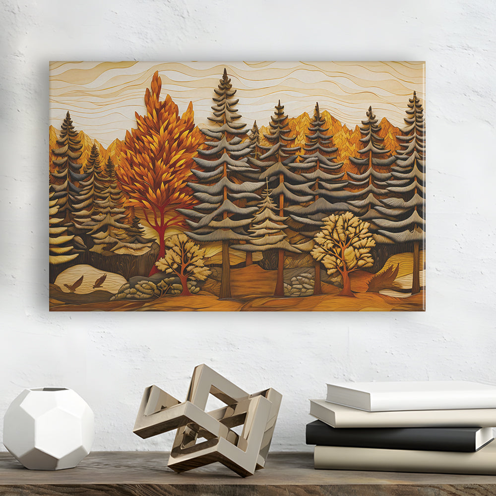 Cabin, Layered Wood Panel Effect Fir Tree Forest Painting, Canvas Print Wall Art, Wall Decor, Painting Canvas