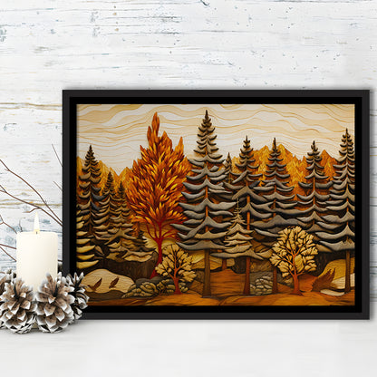 Cabin, Layered Wood Panel Effect Fir Tree Forest Painting, Framed Canvas Print Wall Art, Floating Frame