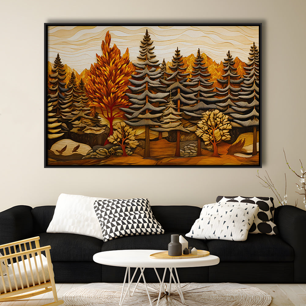 Cabin, Layered Wood Panel Effect Fir Tree Forest Painting, Framed Canvas Print Wall Art, Floating Frame