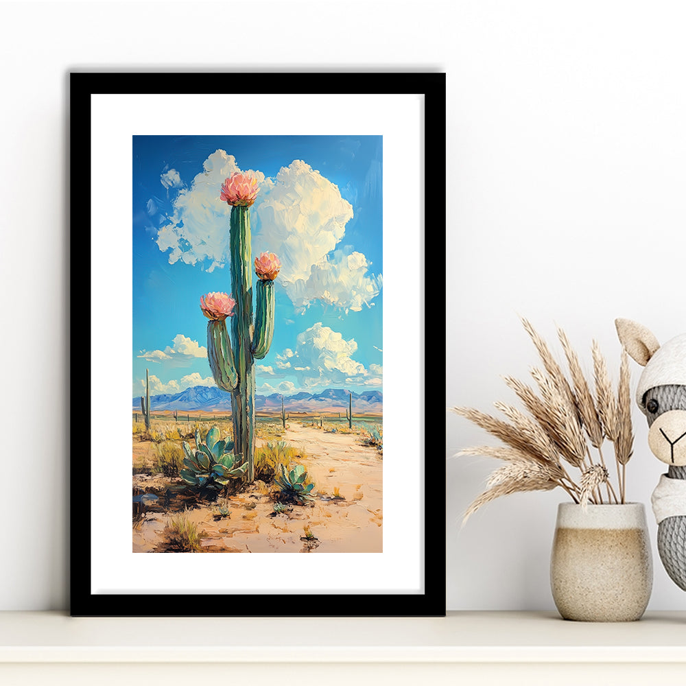 Cactus Painting, Pastel Lemon Clouds Over The Sky, Framed Art Prints White Border Wall Decor