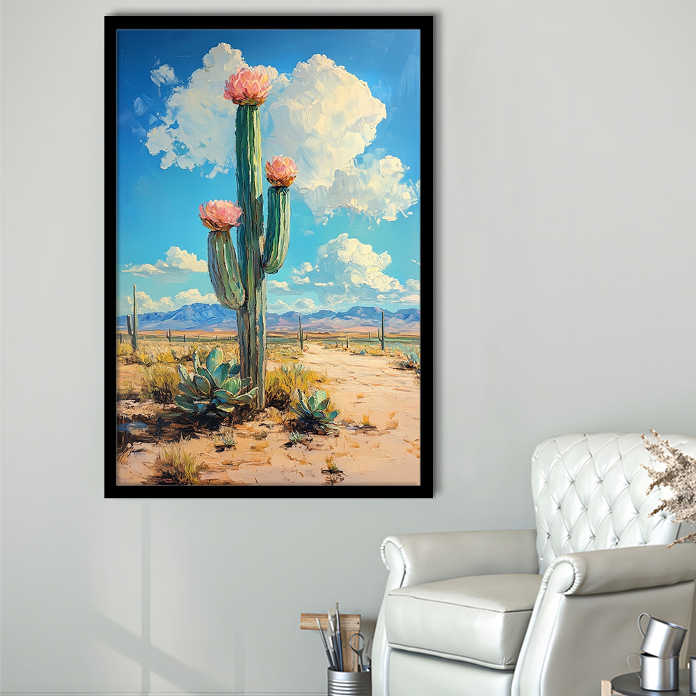 Cactus Painting, Pastel Lemon Clouds Over The Sky, Framed Art Prints Wall Decor