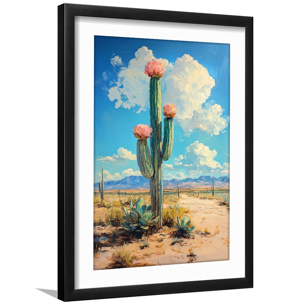 Cactus Painting, Pastel Lemon Clouds Over The Sky, Framed Art Prints White Border Wall Decor