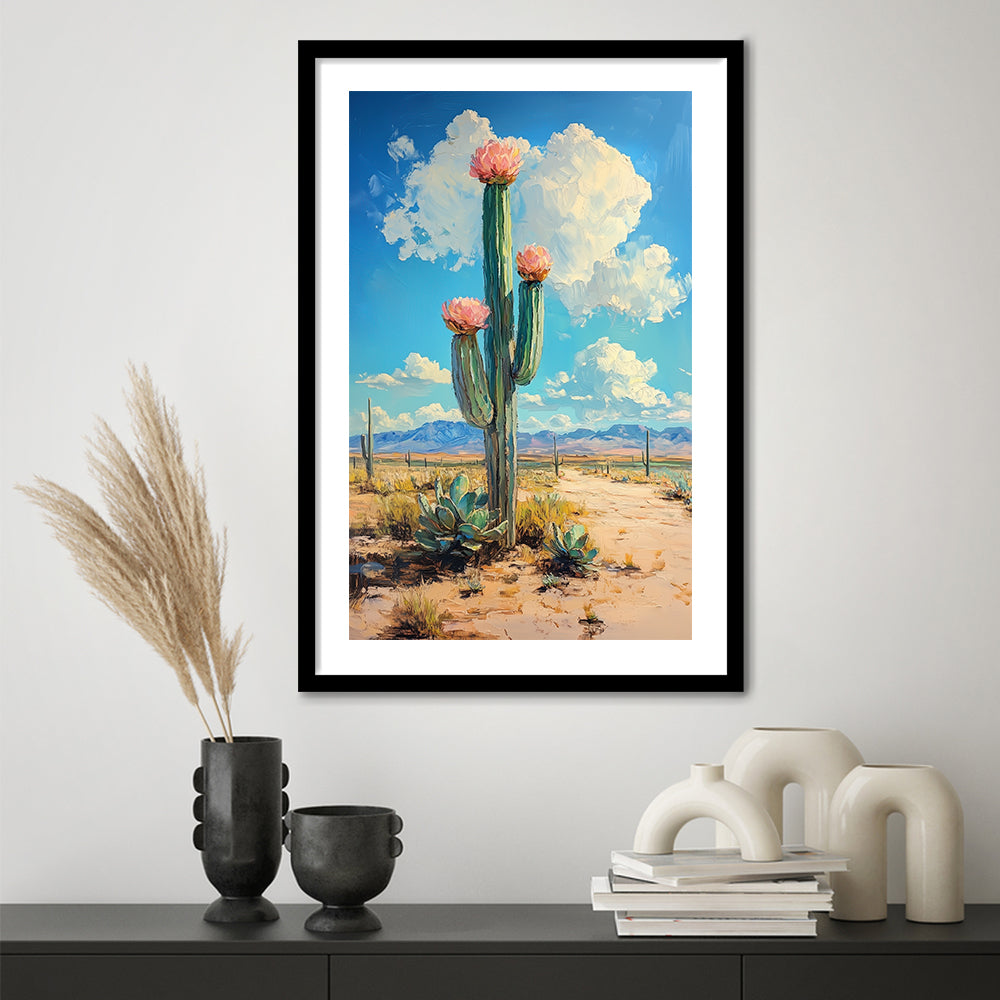 Cactus Painting, Pastel Lemon Clouds Over The Sky, Framed Art Prints White Border Wall Decor