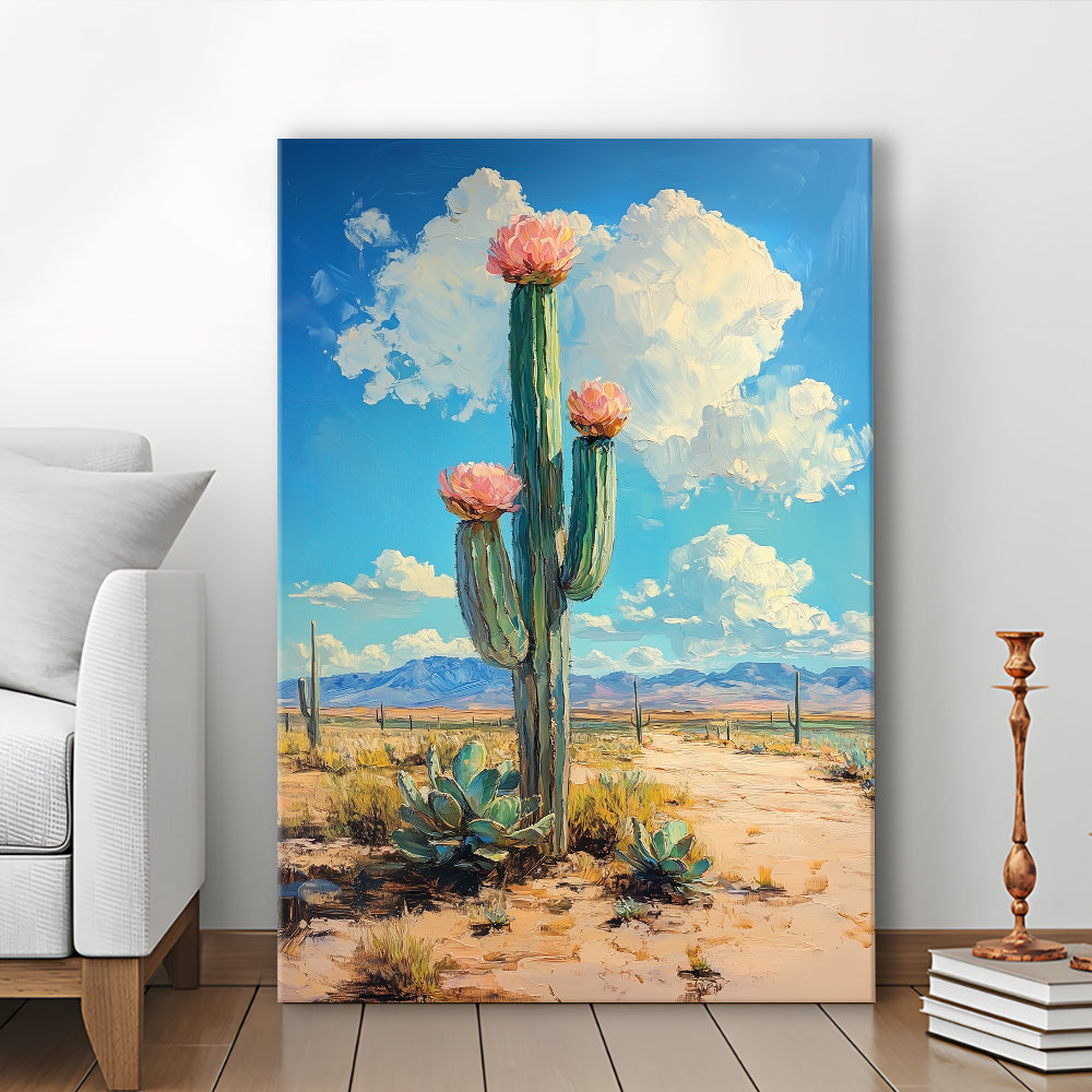 Cactus Painting, Pastel Lemon Clouds Over The Sky, Canvas Prints Wall Art