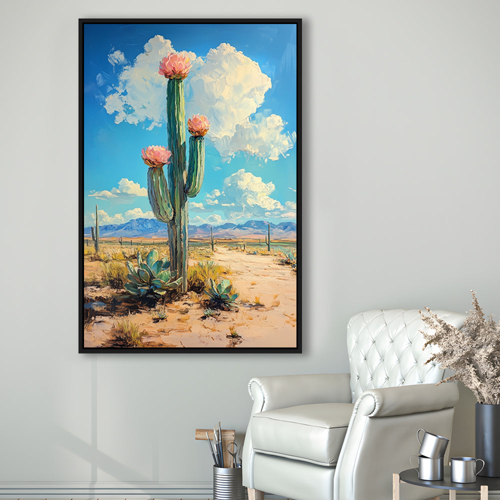 Cactus Painting, Pastel Lemon Clouds Over The Sky, Framed Canvas Prints Wall Art