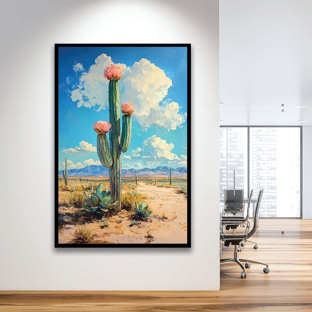 Cactus Painting, Pastel Lemon Clouds Over The Sky, Framed Art Prints Wall Decor