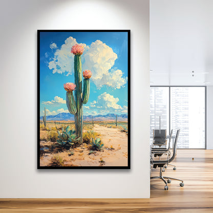 Cactus Painting, Pastel Lemon Clouds Over The Sky, Framed Art Prints Wall Decor