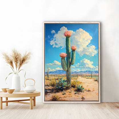 Cactus Painting, Pastel Lemon Clouds Over The Sky, Framed Canvas Prints Wall Art