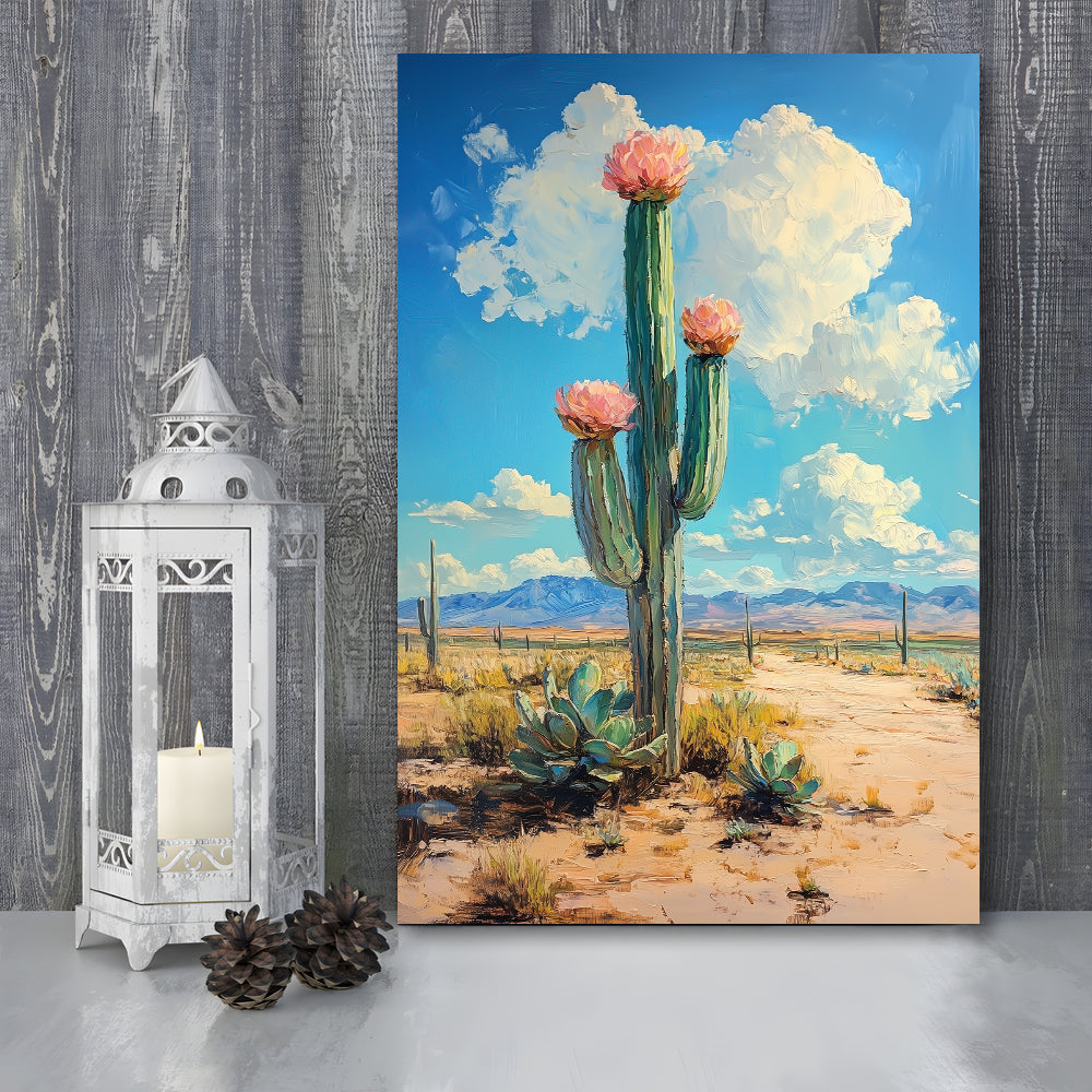 Cactus Painting, Pastel Lemon Clouds Over The Sky, Canvas Prints Wall Art
