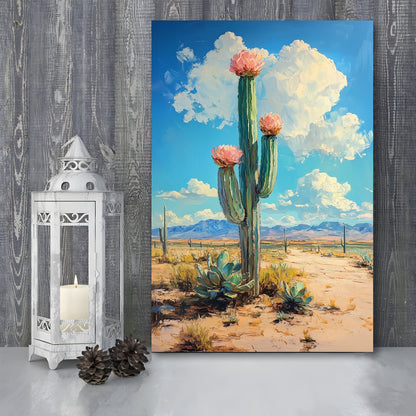 Cactus Painting, Pastel Lemon Clouds Over The Sky, Canvas Prints Wall Art