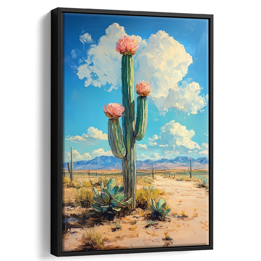 Cactus Painting, Pastel Lemon Clouds Over The Sky, Framed Canvas Prints Wall Art