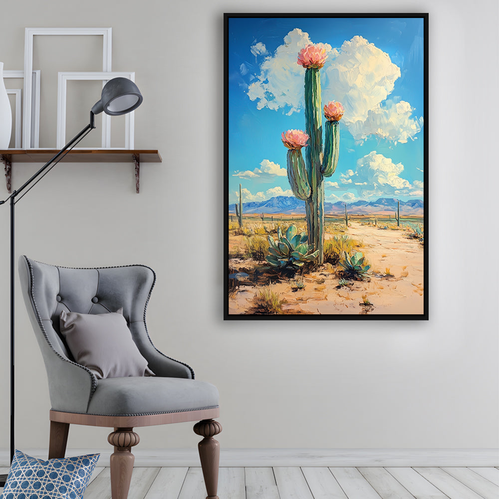 Cactus Painting, Pastel Lemon Clouds Over The Sky, Framed Canvas Prints Wall Art