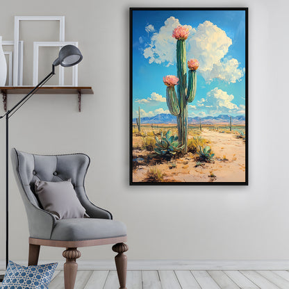 Cactus Painting, Pastel Lemon Clouds Over The Sky, Framed Canvas Prints Wall Art
