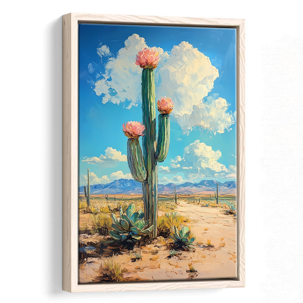 Cactus Painting, Pastel Lemon Clouds Over The Sky, Framed Canvas Prints Wall Art