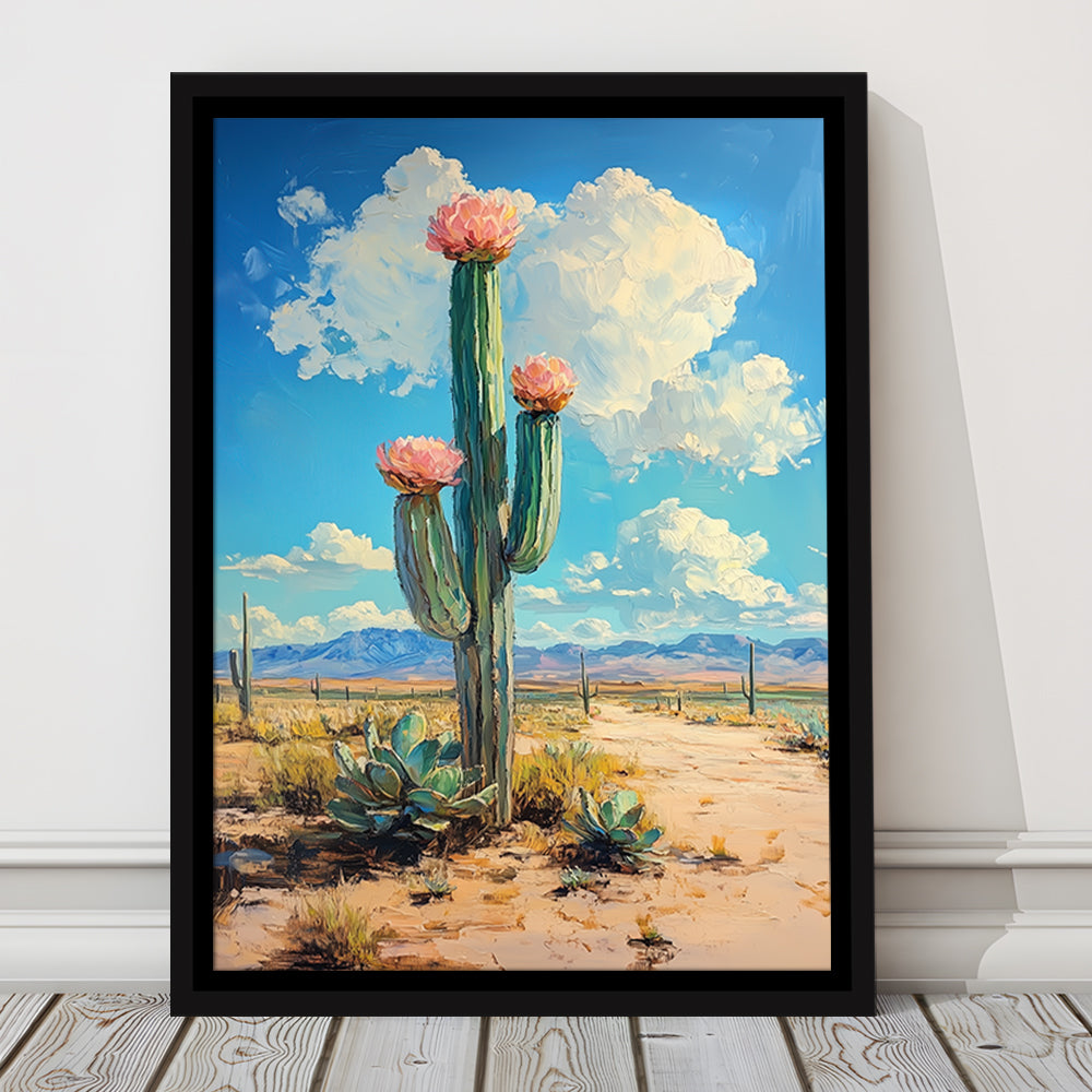 Cactus Painting, Pastel Lemon Clouds Over The Sky, Framed Canvas Prints Wall Art