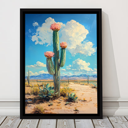 Cactus Painting, Pastel Lemon Clouds Over The Sky, Framed Canvas Prints Wall Art