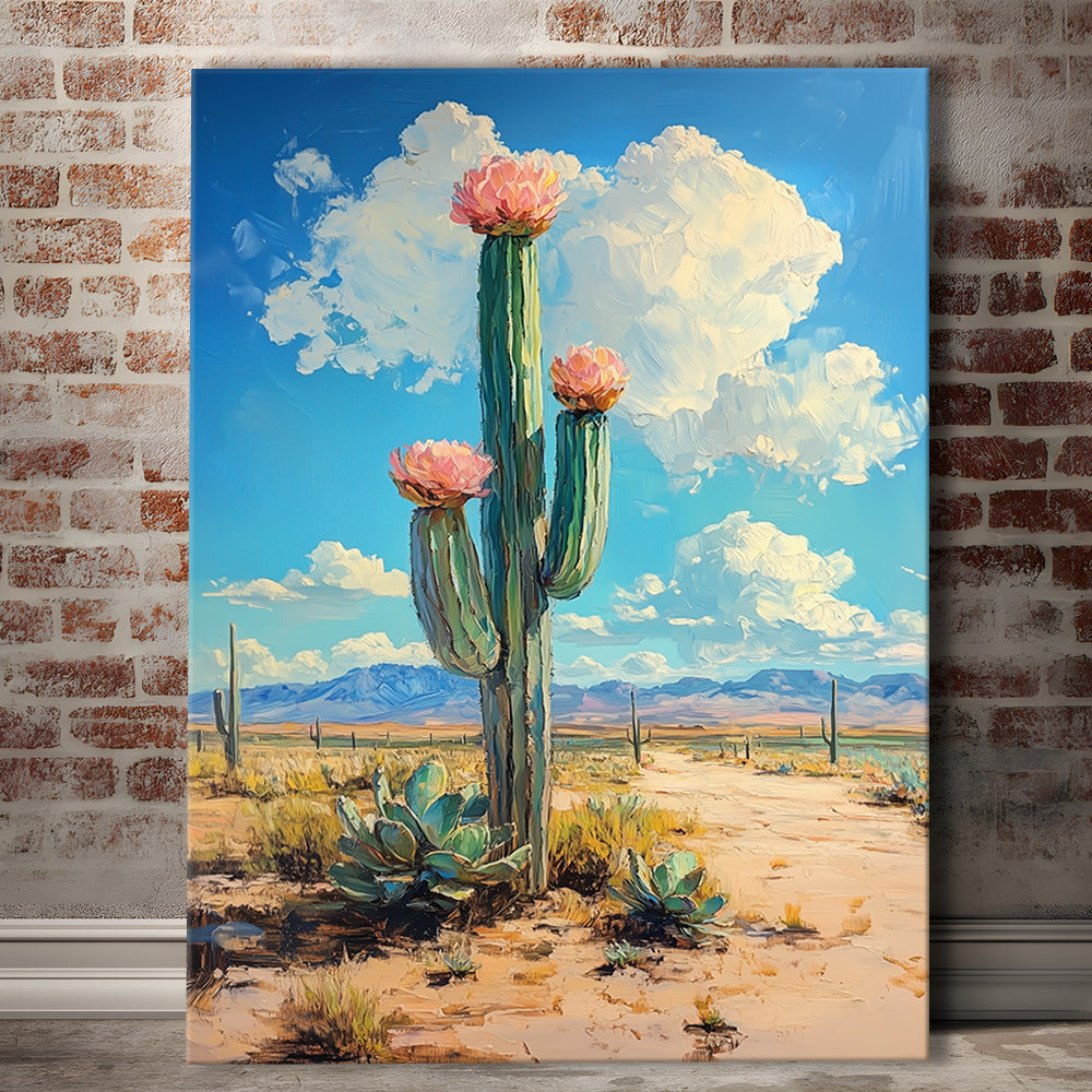 Cactus Painting, Pastel Lemon Clouds Over The Sky, Canvas Prints Wall Art
