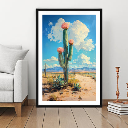 Cactus Painting, Pastel Lemon Clouds Over The Sky, Framed Art Prints White Border Wall Decor