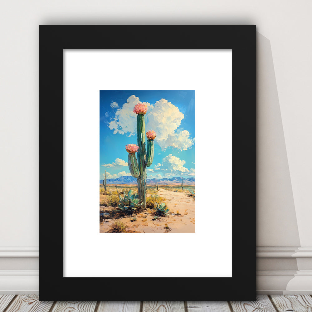 Cactus Painting, Pastel Lemon Clouds Over The Sky, Framed Art Prints White Border Wall Decor