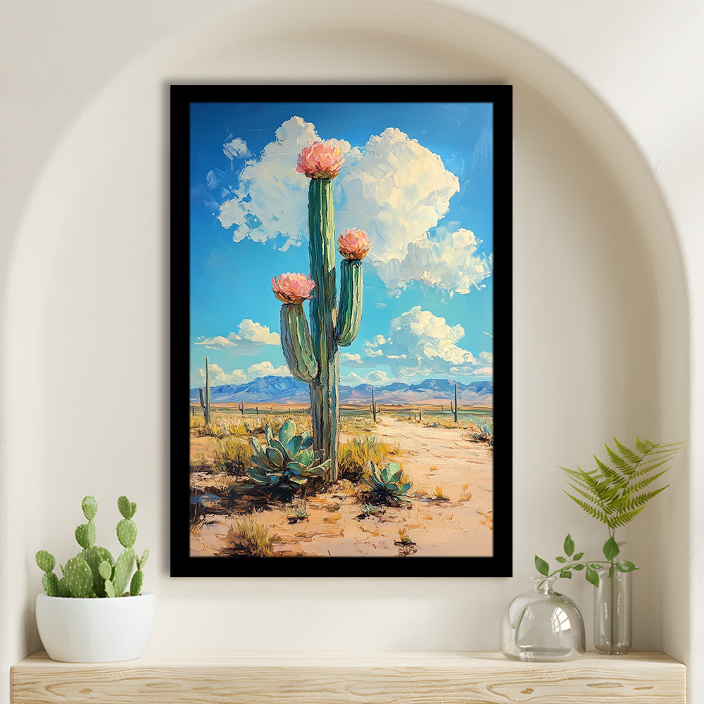 Cactus Painting, Pastel Lemon Clouds Over The Sky, Framed Art Prints Wall Decor