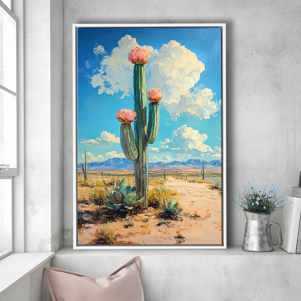 Cactus Painting, Pastel Lemon Clouds Over The Sky, Framed Canvas Prints Wall Art