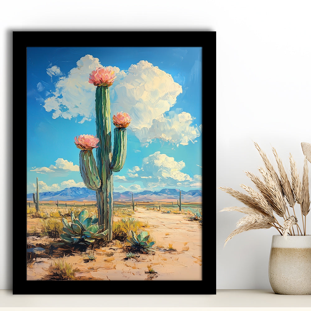 Cactus Painting, Pastel Lemon Clouds Over The Sky, Framed Art Prints Wall Decor