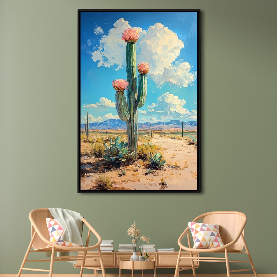 Cactus Painting, Pastel Lemon Clouds Over The Sky, Framed Canvas Prints Wall Art