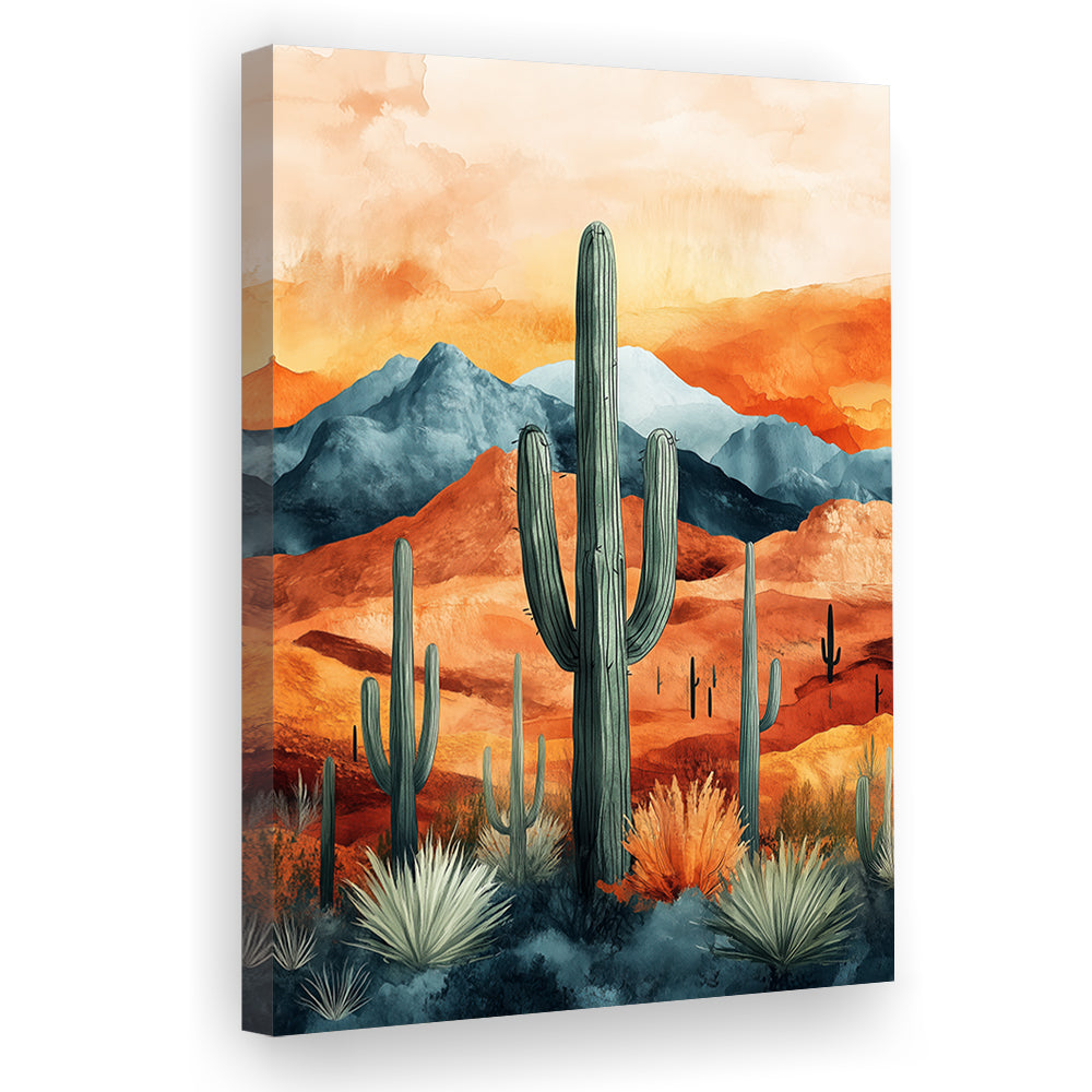 Cactus WaterColor Melancholy Orange Pastel Clouds, Canvas Prints Wall Art