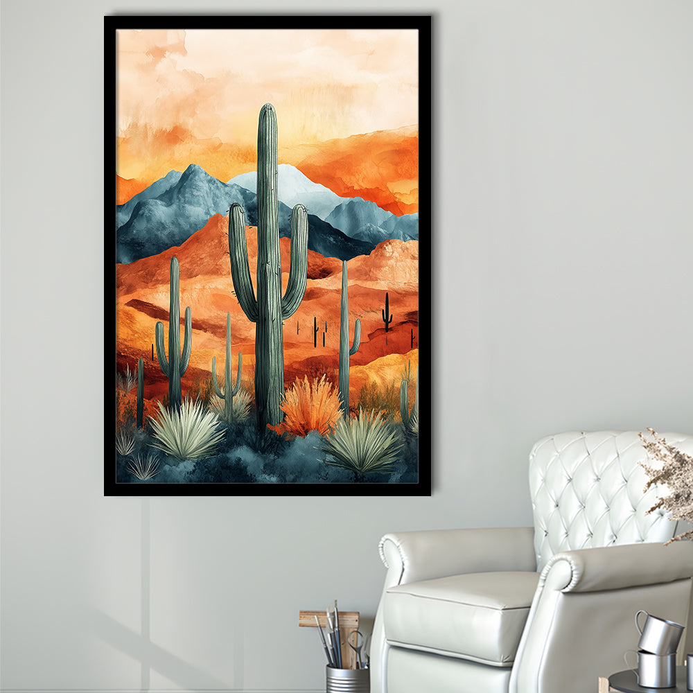 Cactus WaterColor Melancholy Orange Pastel Clouds, Framed Art Prints Wall Decor