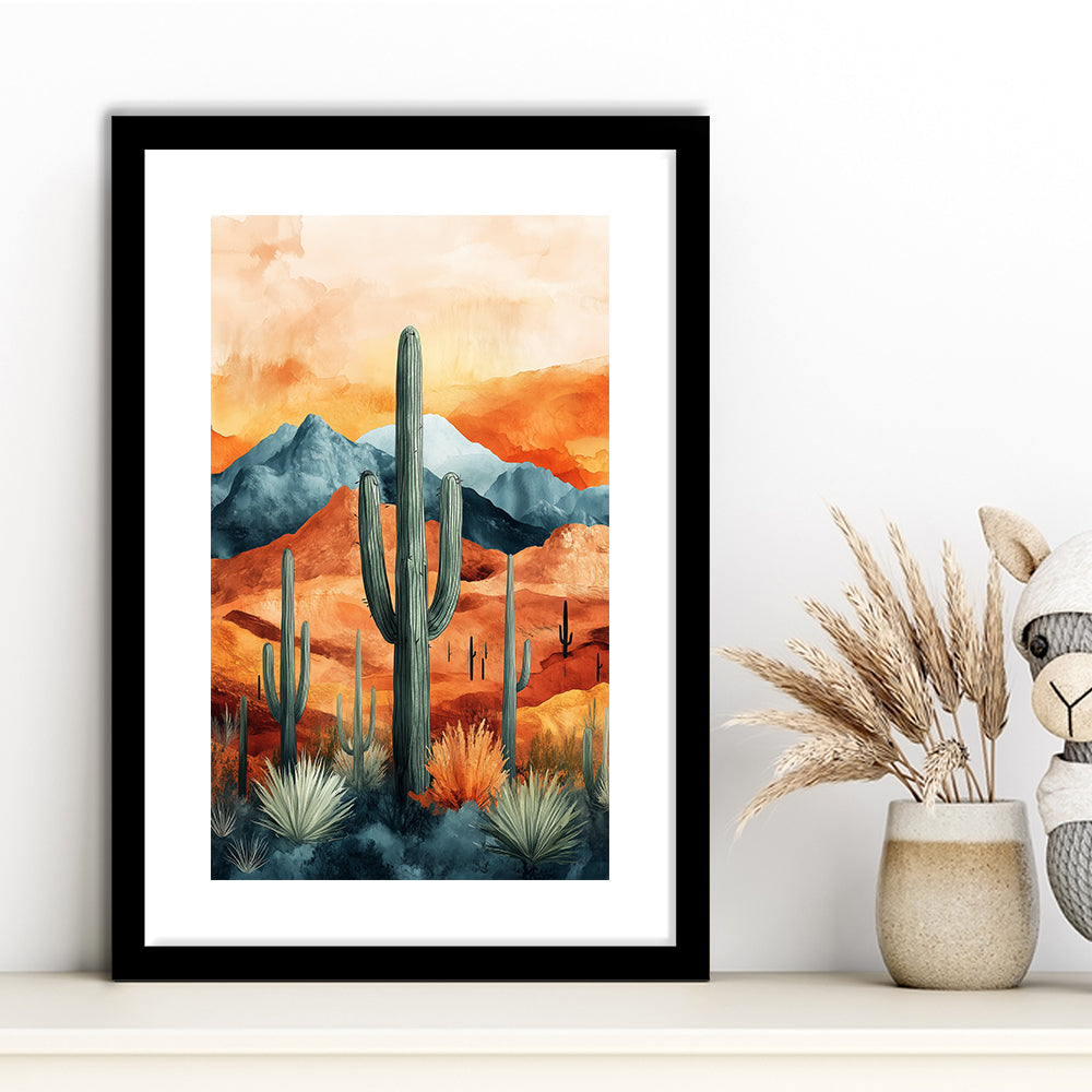 Cactus WaterColor Melancholy Orange Pastel Clouds, Framed Art Prints White Border Wall Decor