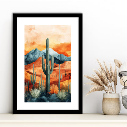 Cactus WaterColor Melancholy Orange Pastel Clouds, Framed Art Prints White Border Wall Decor