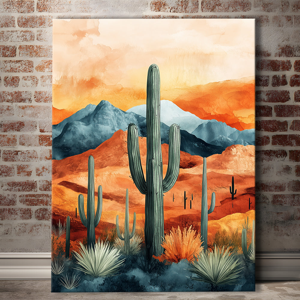 Cactus WaterColor Melancholy Orange Pastel Clouds, Canvas Prints Wall Art
