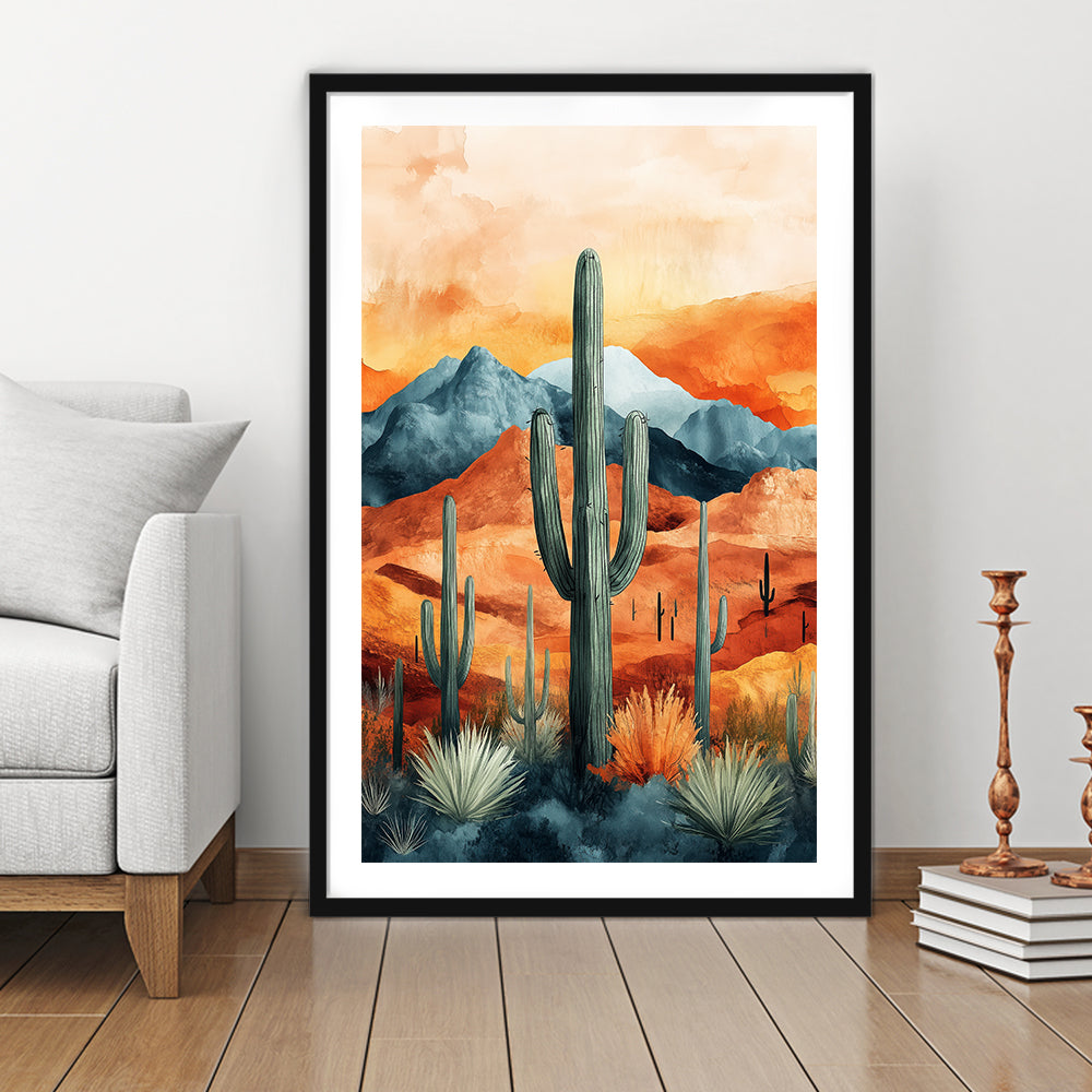 Cactus WaterColor Melancholy Orange Pastel Clouds, Framed Art Prints White Border Wall Decor