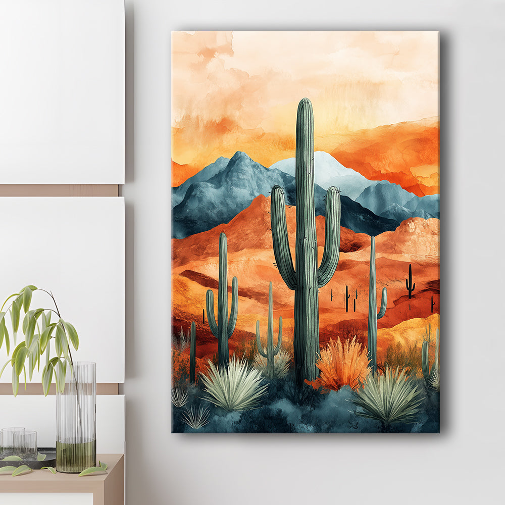 Cactus WaterColor Melancholy Orange Pastel Clouds, Canvas Prints Wall Art