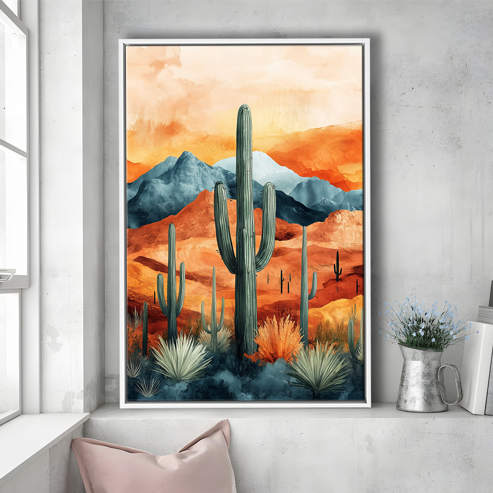 Cactus WaterColor Melancholy Orange Pastel Clouds, Framed Canvas Prints Wall Art
