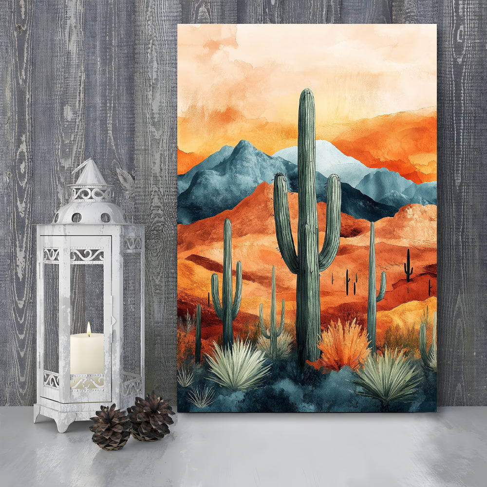 Cactus WaterColor Melancholy Orange Pastel Clouds, Canvas Prints Wall Art