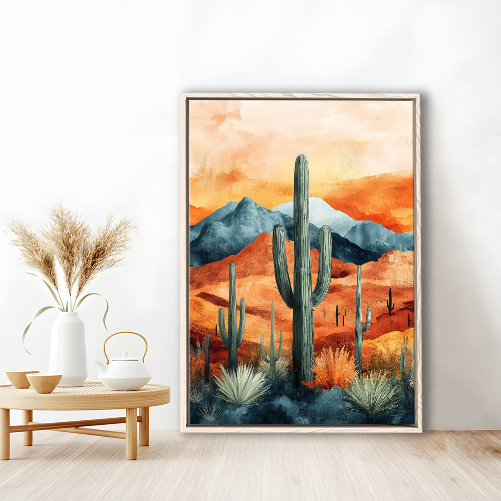 Cactus WaterColor Melancholy Orange Pastel Clouds, Framed Canvas Prints Wall Art