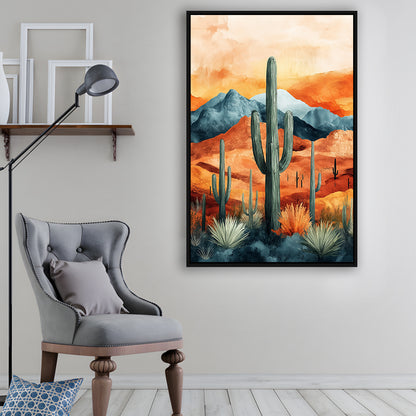 Cactus WaterColor Melancholy Orange Pastel Clouds, Framed Canvas Prints Wall Art