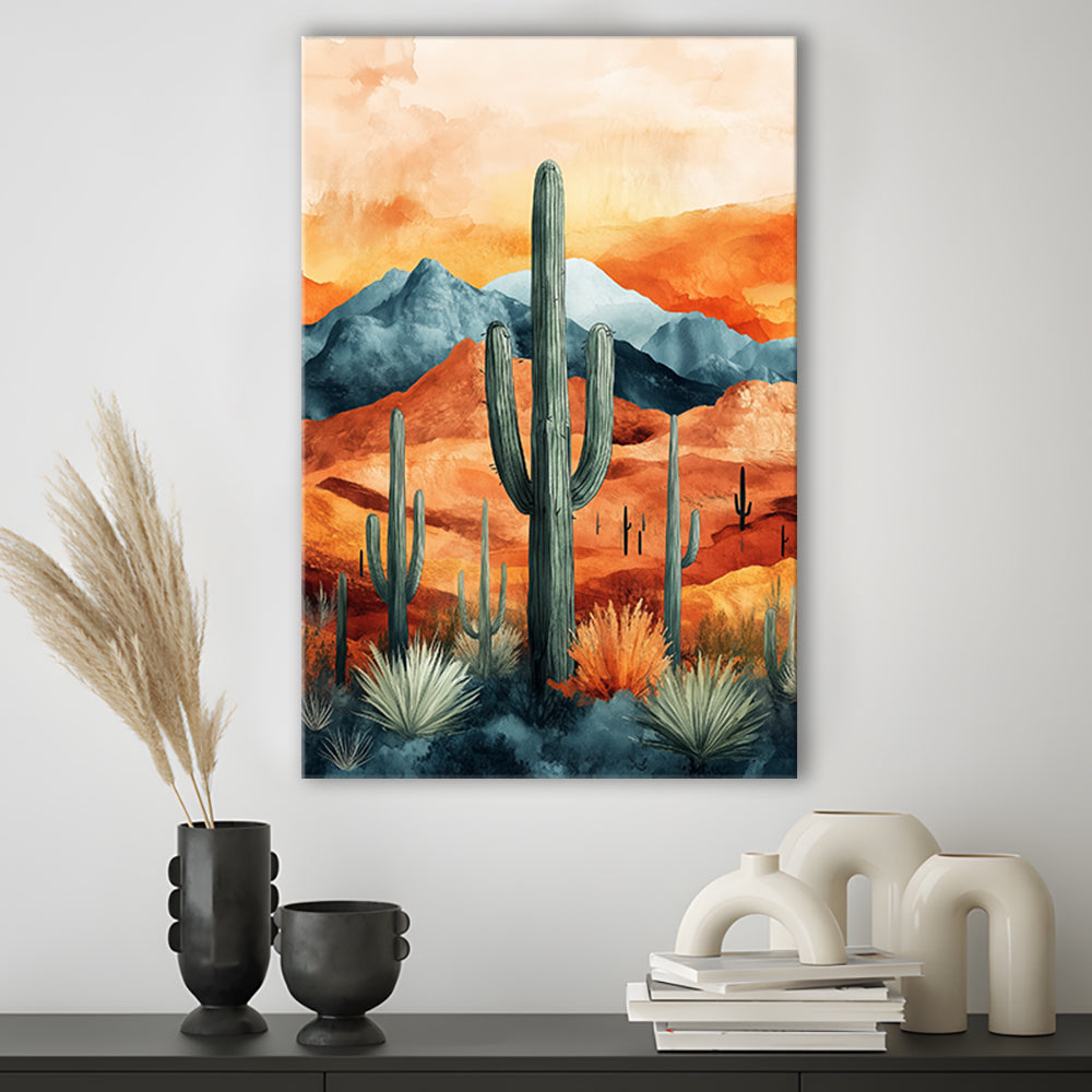 Cactus WaterColor Melancholy Orange Pastel Clouds, Canvas Prints Wall Art
