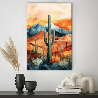 Cactus WaterColor Melancholy Orange Pastel Clouds, Canvas Prints Wall Art
