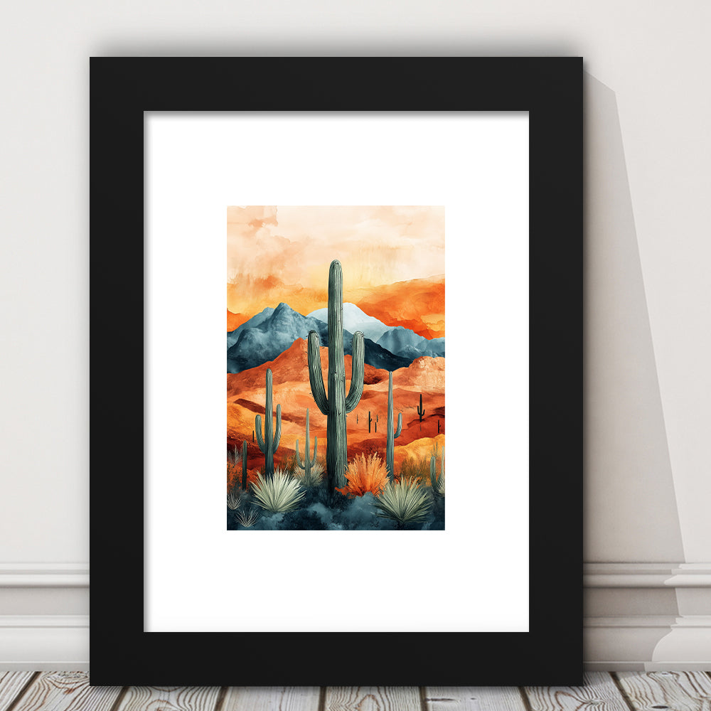 Cactus WaterColor Melancholy Orange Pastel Clouds, Framed Art Prints White Border Wall Decor